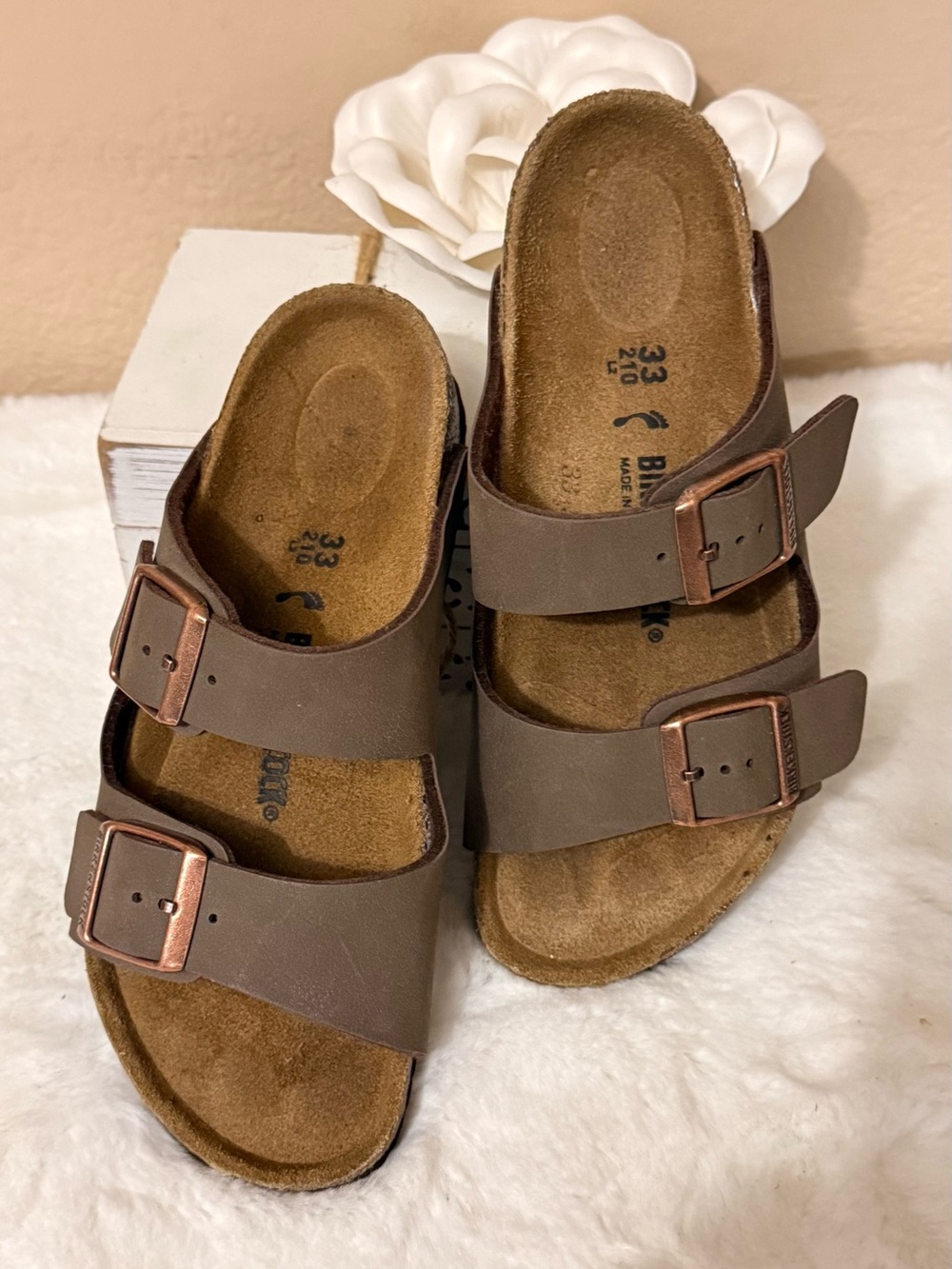 Birkenstock Kids Brown Two-Strap Sandals with Copper Buckles